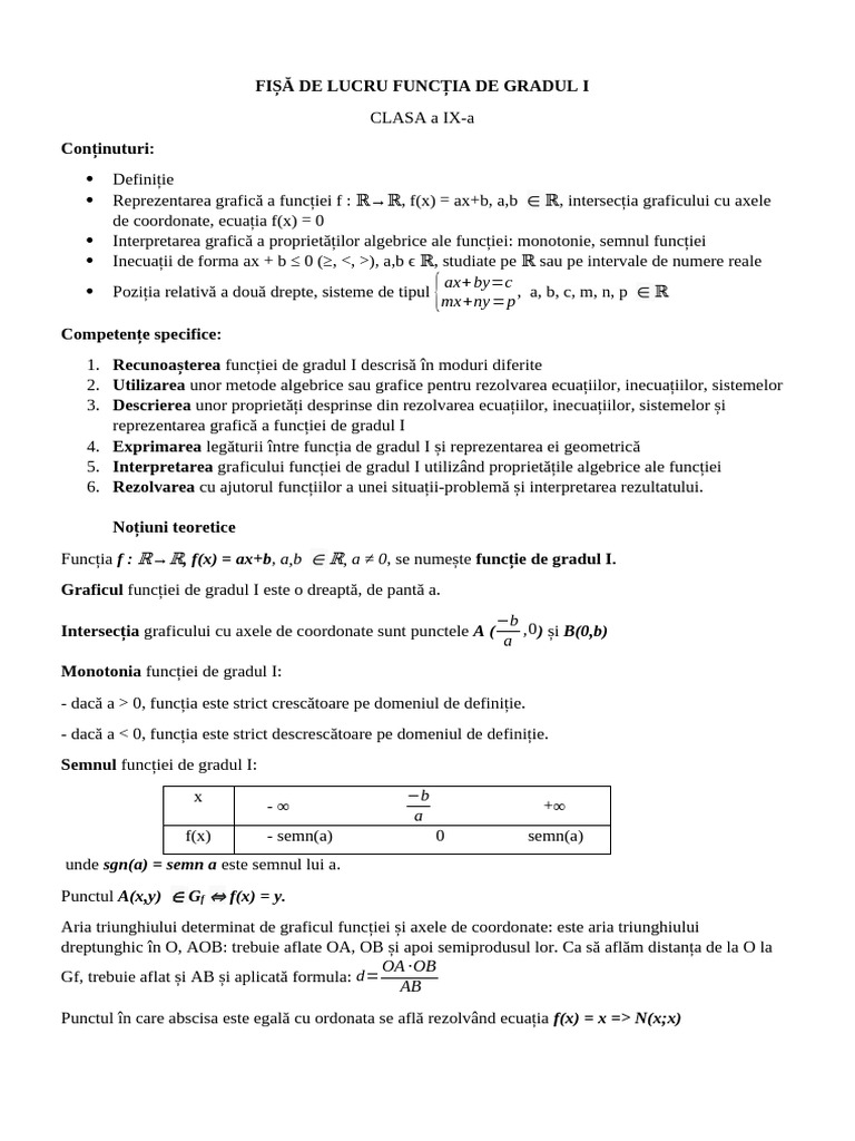 Fisa de Lucru Functia de Gradul I | PDF