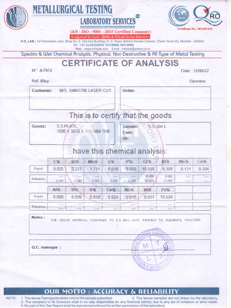 Metallurgical Testing Certificate Analysis | PDF | Physical Sciences ...