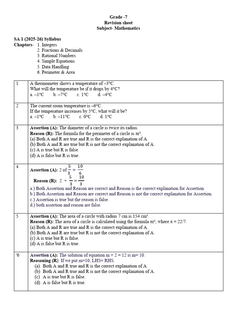 Grade 7 Math Revision Sheet 2025-26 | PDF | Area | Circle