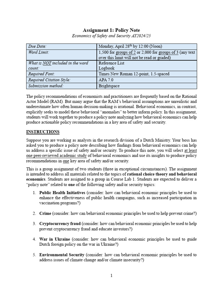 Policy Note Assignment 1 ESS 24-25 VFF | PDF | Behavioral Economics ...