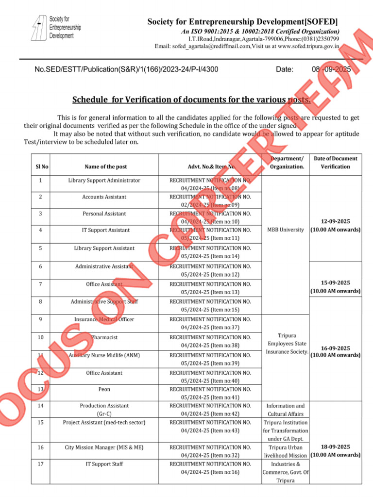 Sofed - Document - Verification - For - Various - Posts - & - Eligible ...