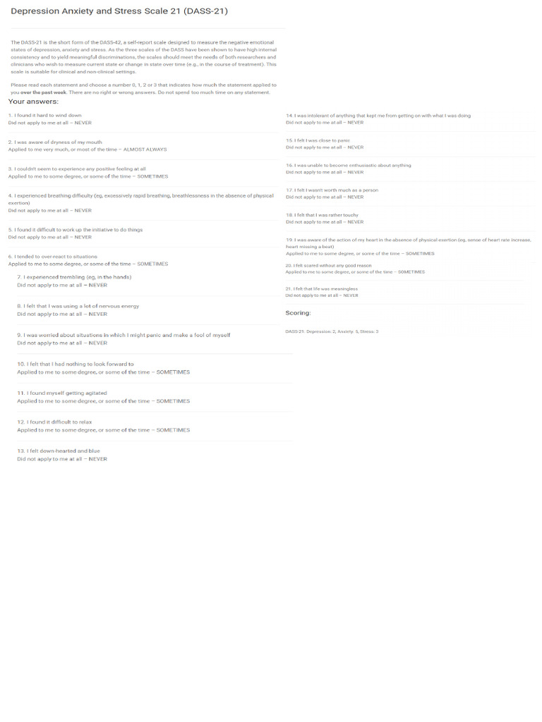 Depression Anxiety and Stress Scale 21 (DASS-21) | PDF