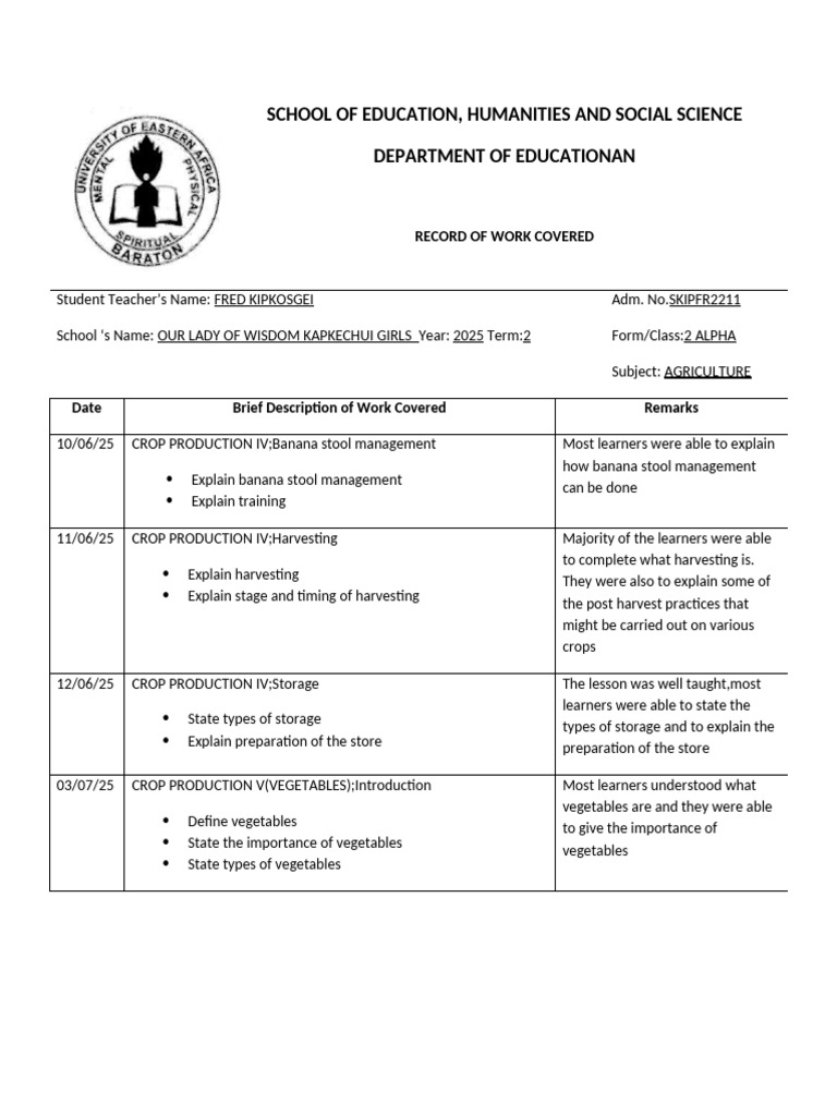 Agriculture Teaching Record 2025 | PDF
