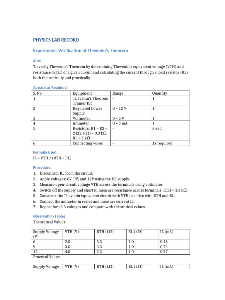 Thevenin's Theorem Lab Experiment | PDF | Voltage | Resistor