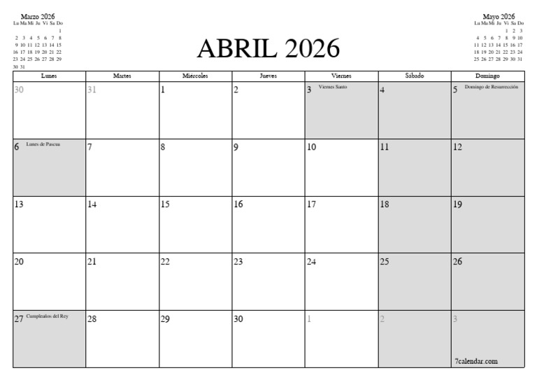 Calendario de Abril a Mayo 2026 | PDF | Fiestas cristianas y días santos