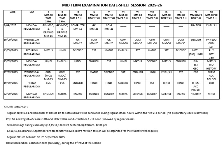 Mid Term Exam Date Sheet 2025-26 | PDF