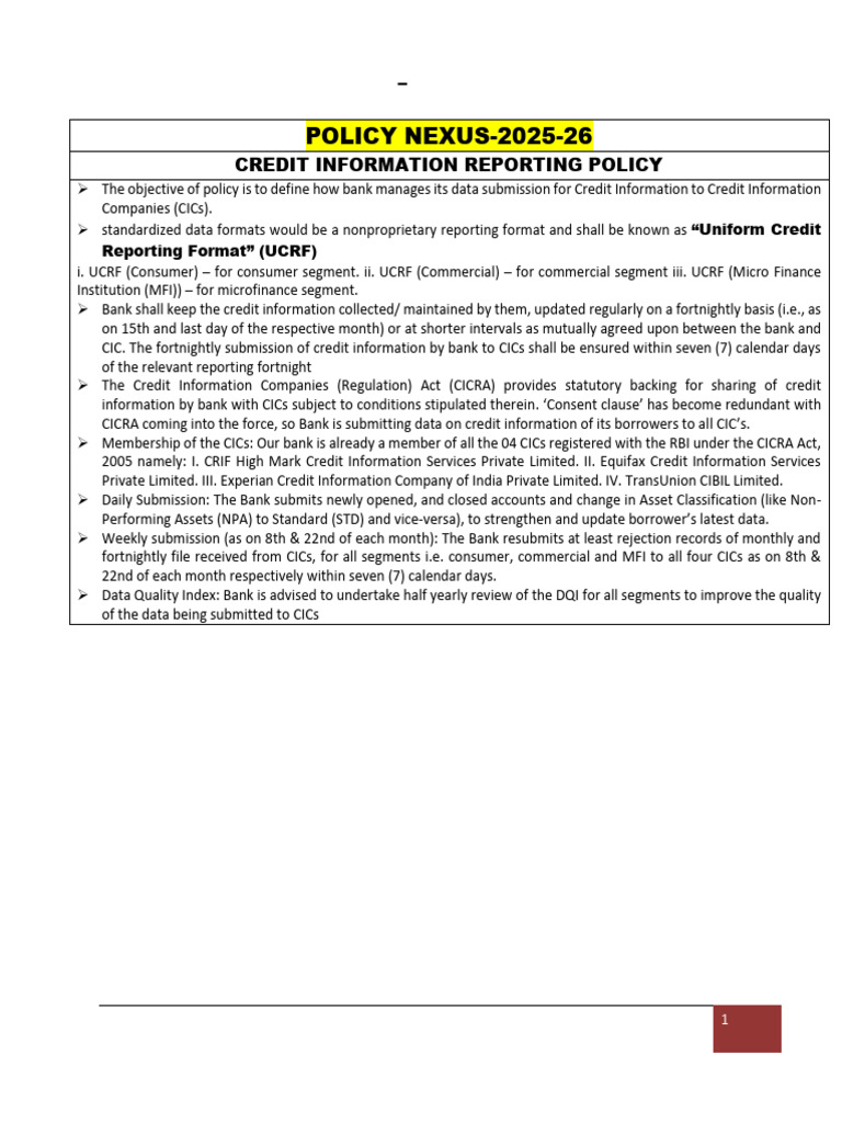 Credit Reporting Policy Overview | PDF | Banks | Microfinance