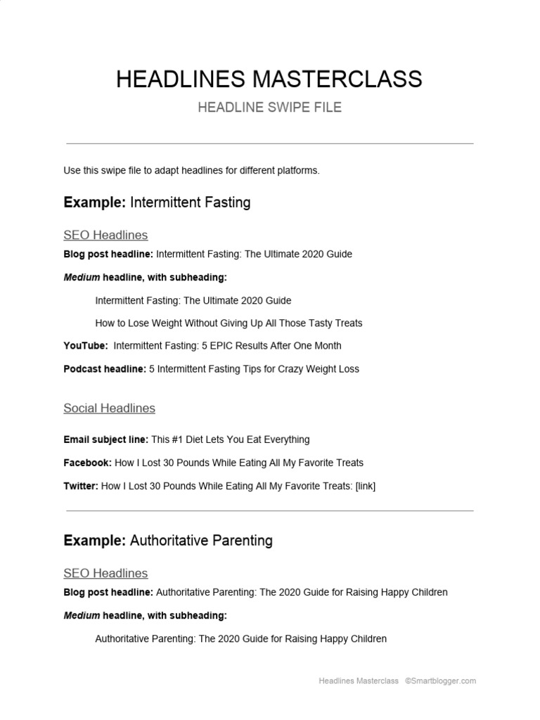 Headlines Masterclass Swipe File | PDF