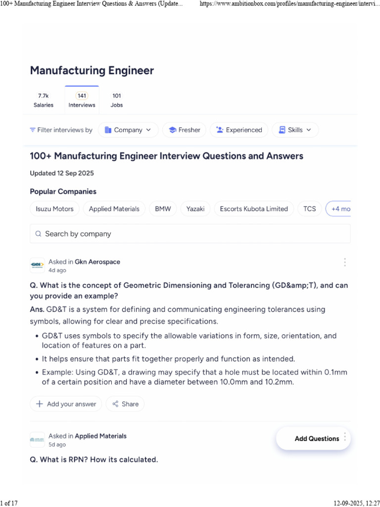 Manufacturing Engineer Interview Q&A | PDF | Survey Methodology ...