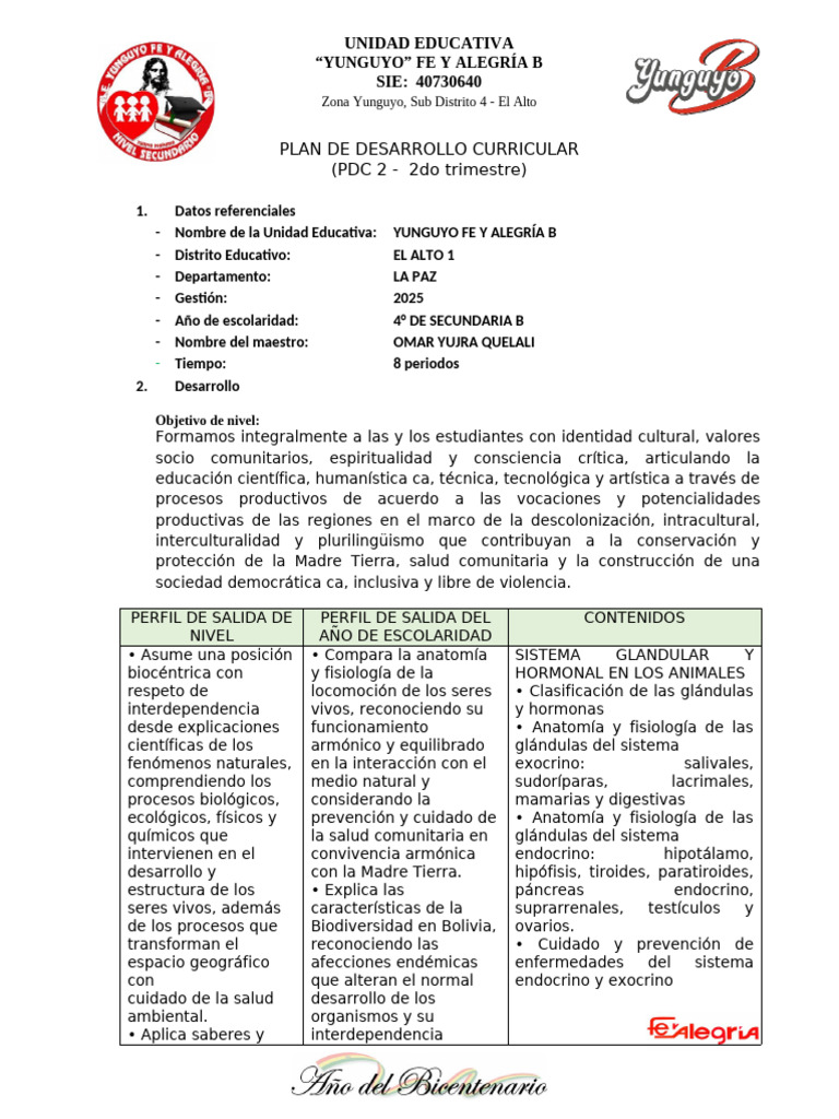 Plan de Desarrollo Curricular 4° Secundaria | PDF | Sistema endocrino ...