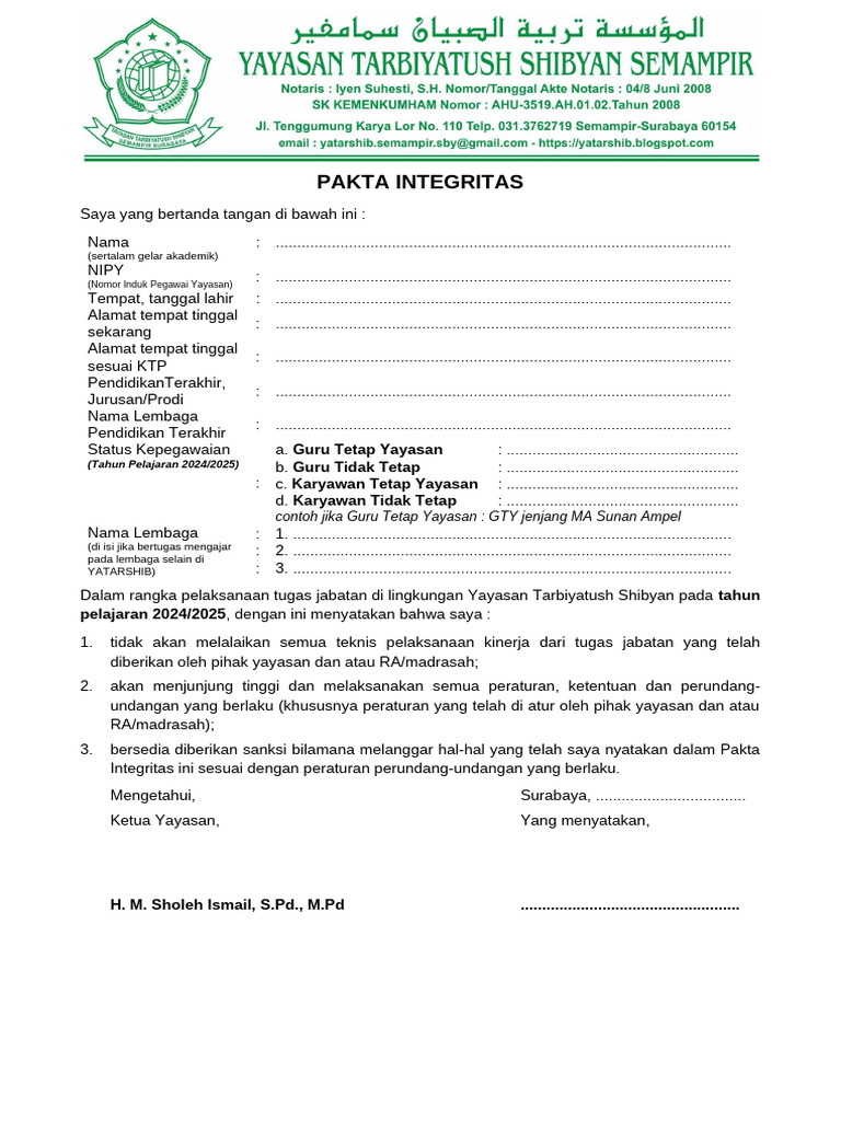 Pakta Integritas Guru Yayasan 2024 | PDF