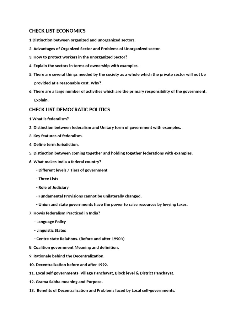 Economics and Democratic Politics Checklist | PDF