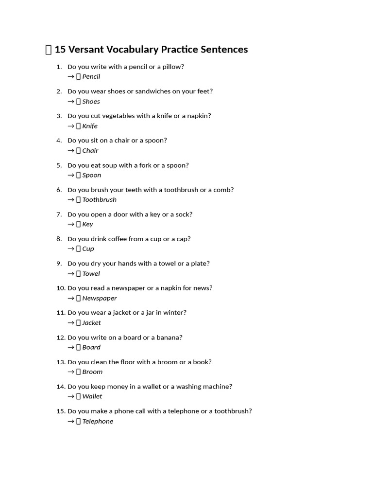 Versant Vocabulary Practice Sentences | PDF