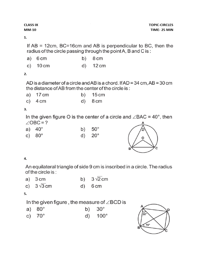 Class IX Math Circles Practice Test | PDF