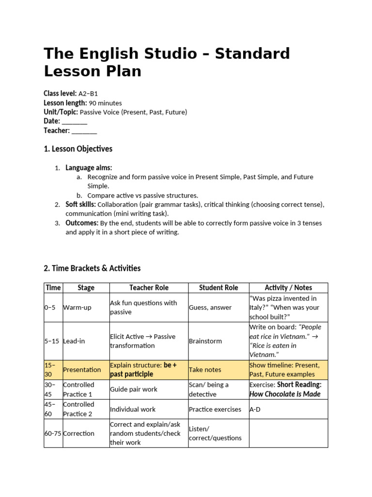 A2-B1 Passive Voice Lesson Plan | PDF | Lesson Plan | Linguistics