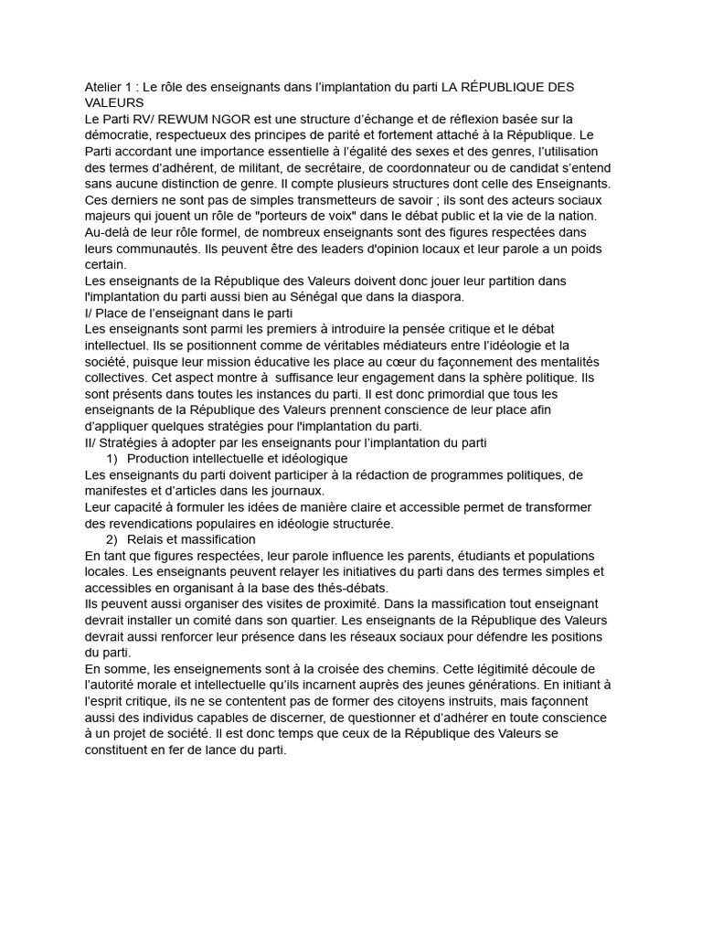 Rôle des enseignants dans le Parti RV | PDF | Idéologies | Sciences ...