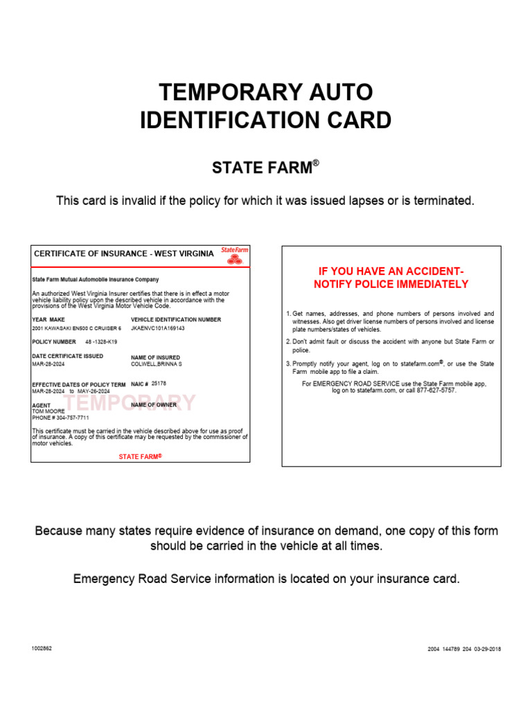 West Virginia Temporary Auto Insurance Card | PDF | Insurance