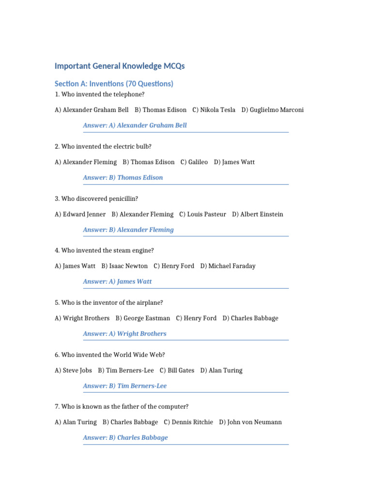 General Knowledge MCQs on Inventions | PDF | Languages Of India ...