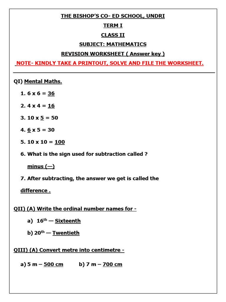 Class II Mathematics Revision Worksheet | PDF | Chess | Chess Theory