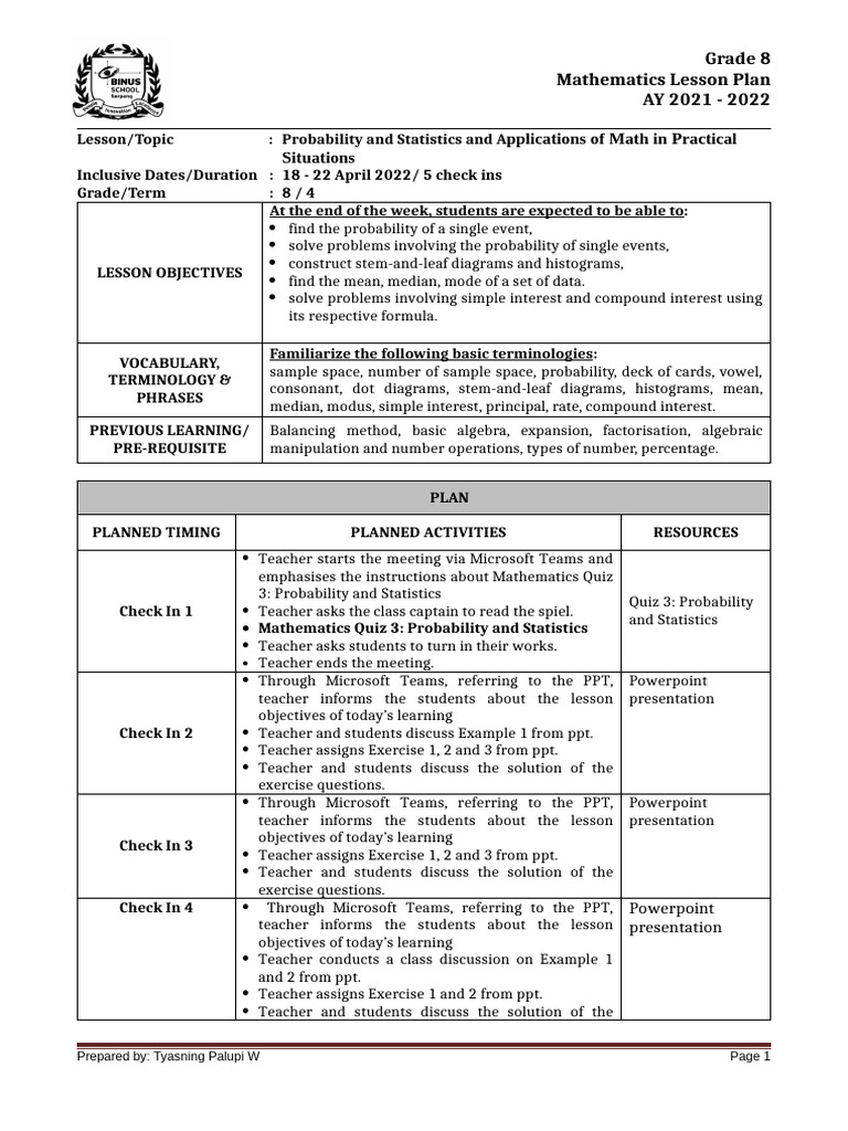 Grade 8 Probability & Statistics Lesson Plan | PDF | Microsoft Power ...