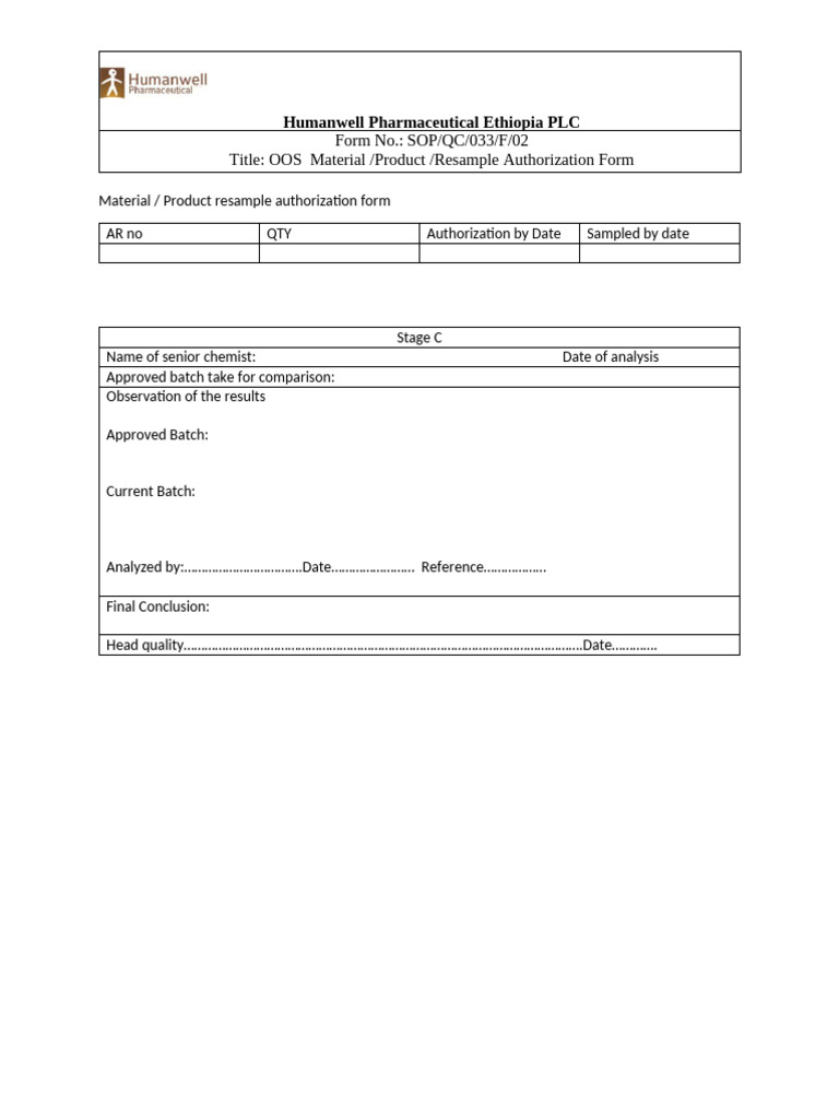 OOS Material - Product Resample Authorization Form | PDF