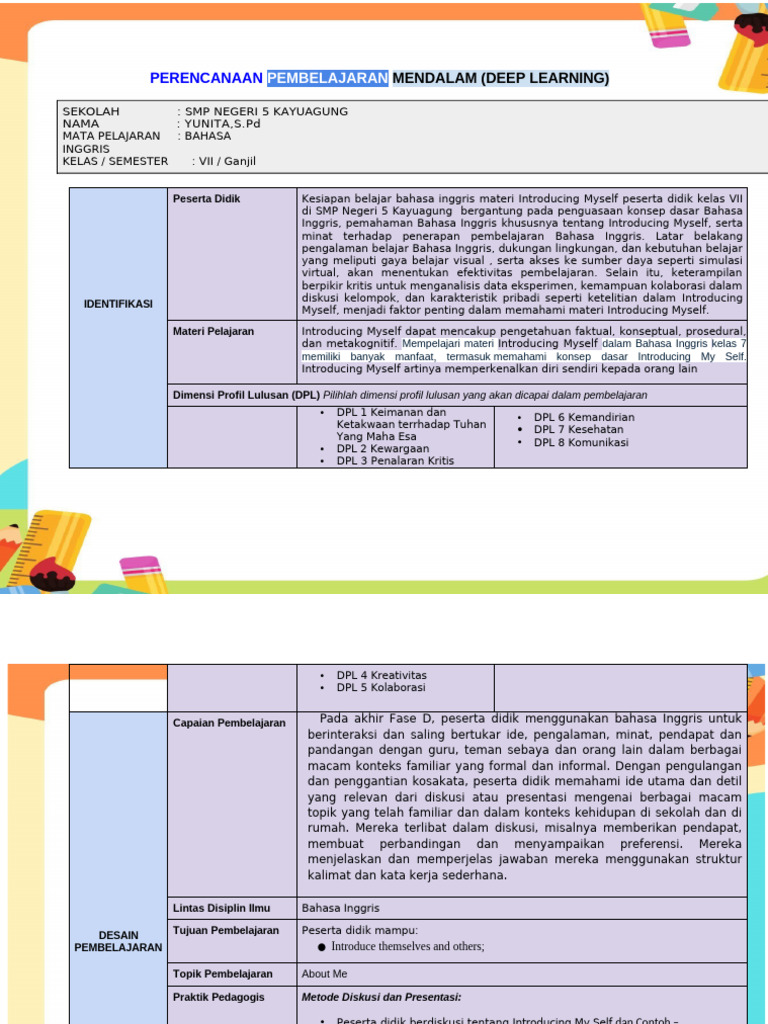 RPP Pembelajaran Deep Learning Kelas VII | PDF