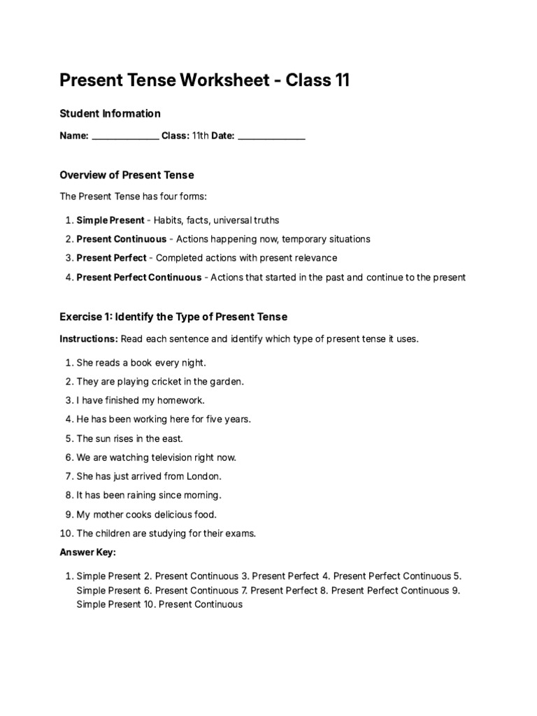 Class 11 Present Tense Worksheet | PDF | Grammatical Tense | Language ...