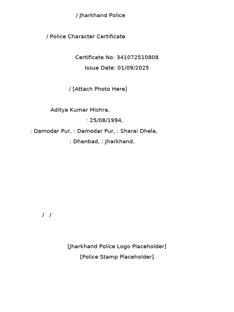 Jharkhand Police Character Certificate | PDF