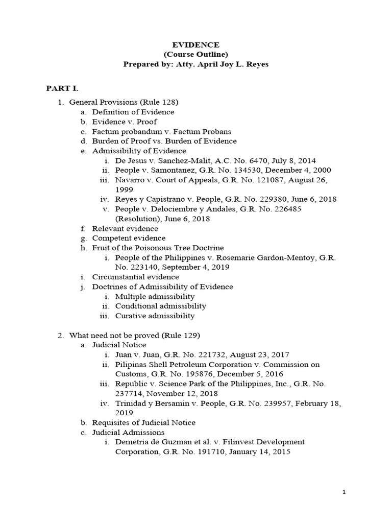 Course Outline Evidence | PDF | Hearsay | Evidence (Law)