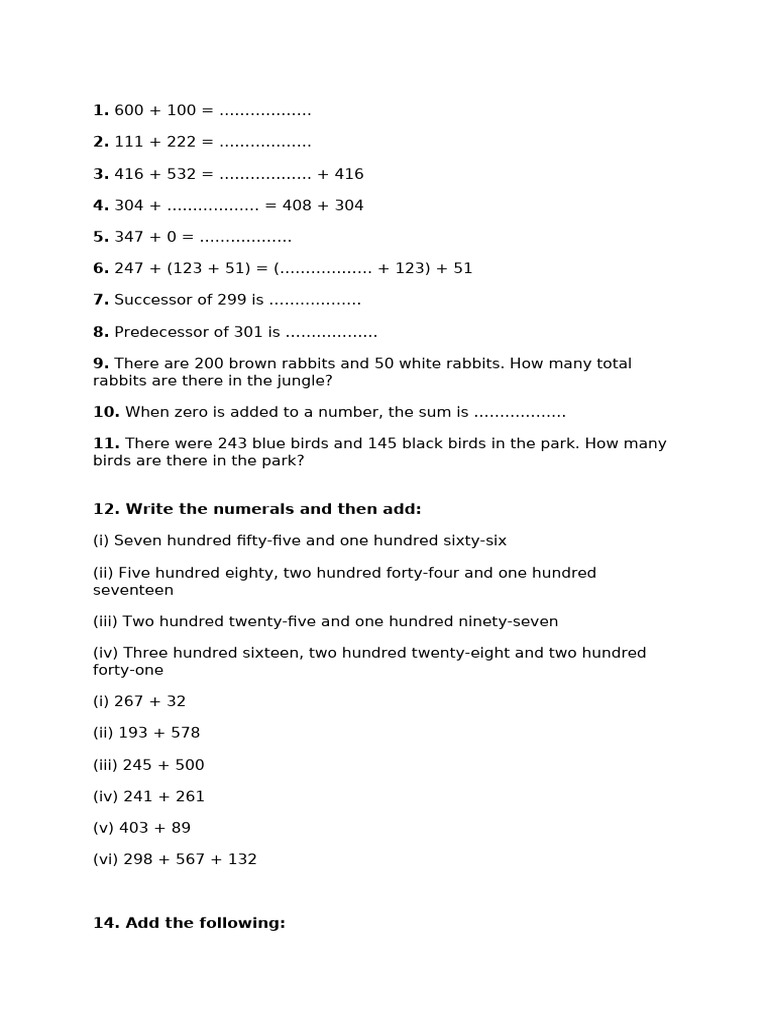 Addition Problems and Word Questions | PDF