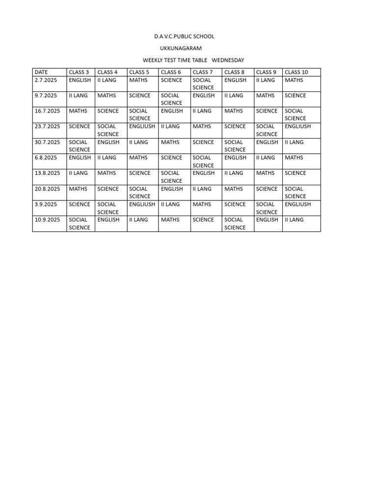 D.A.V.C. School Weekly Test Schedule | PDF