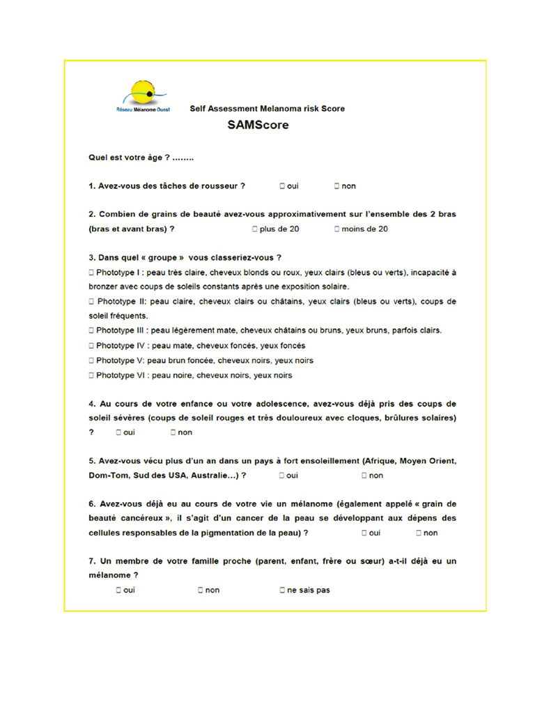 Fiche Questionnaire SAMscore | PDF