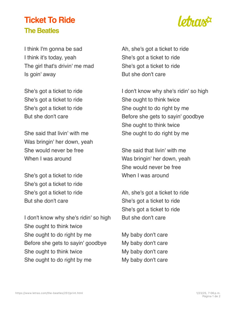 Ticket to Ride Lyrics Analysis | PDF | Rock Music | British Pop Songs