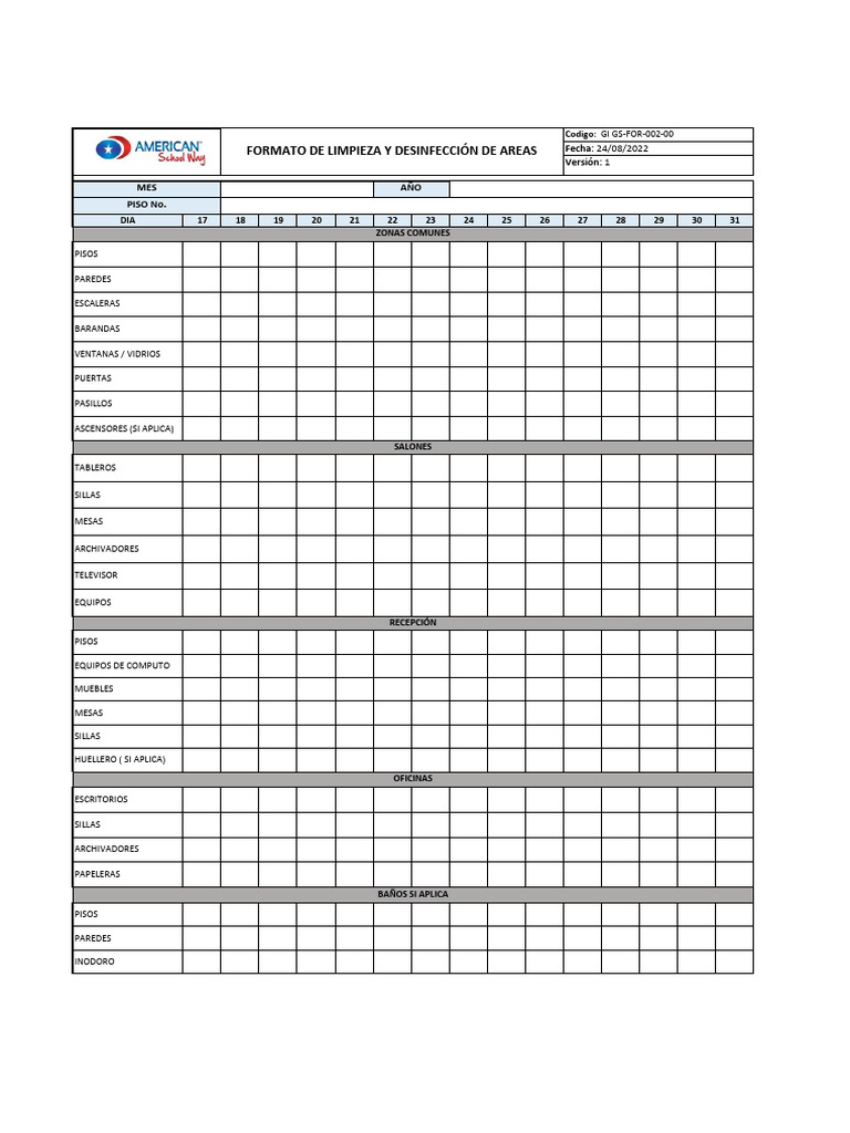 Formato Limpieza Y Desinfecci n Areas Y Elementos Aseo Dia 17 Al 31 PDF