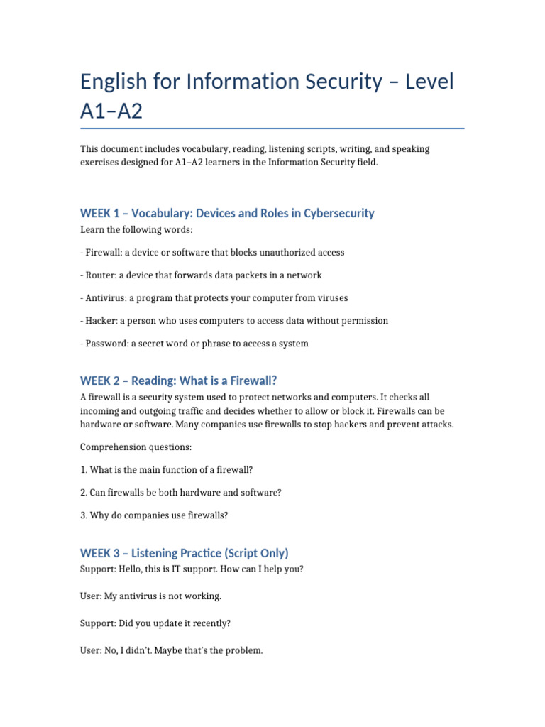 English for Info Security A1-A2 Course | PDF