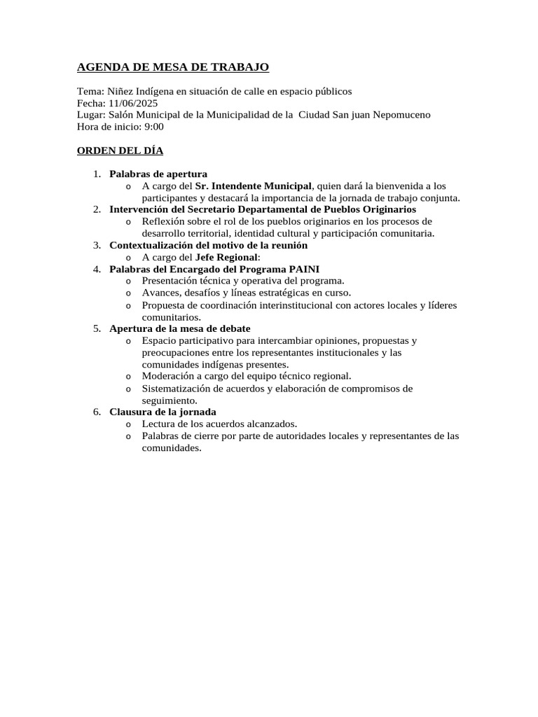 Agenda de Mesa de Trabajo | PDF