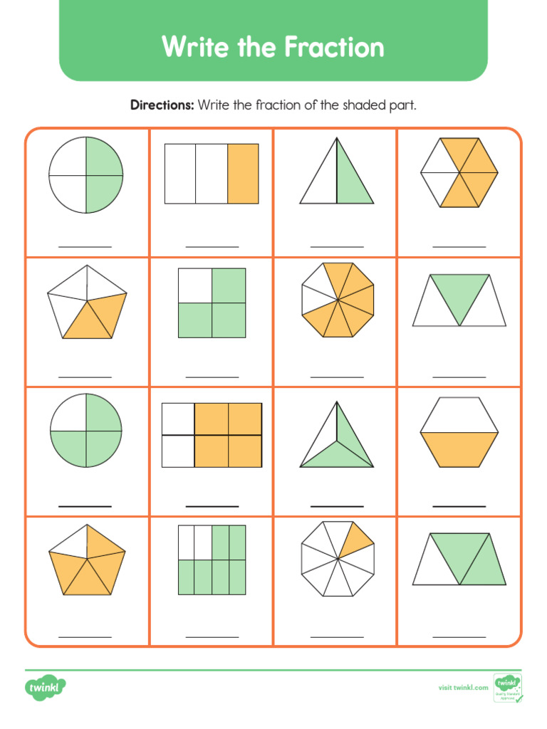 Color Second Grade Write The Fraction Activity Sheet | PDF