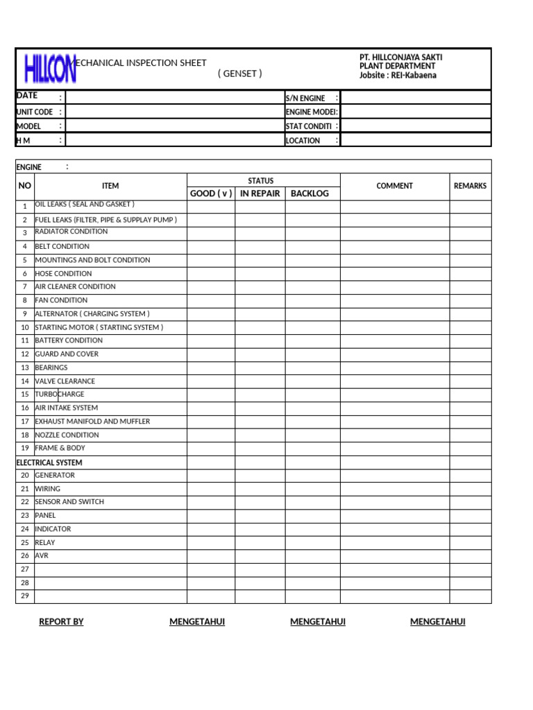 Genset Mechanical Inspection Report | PDF