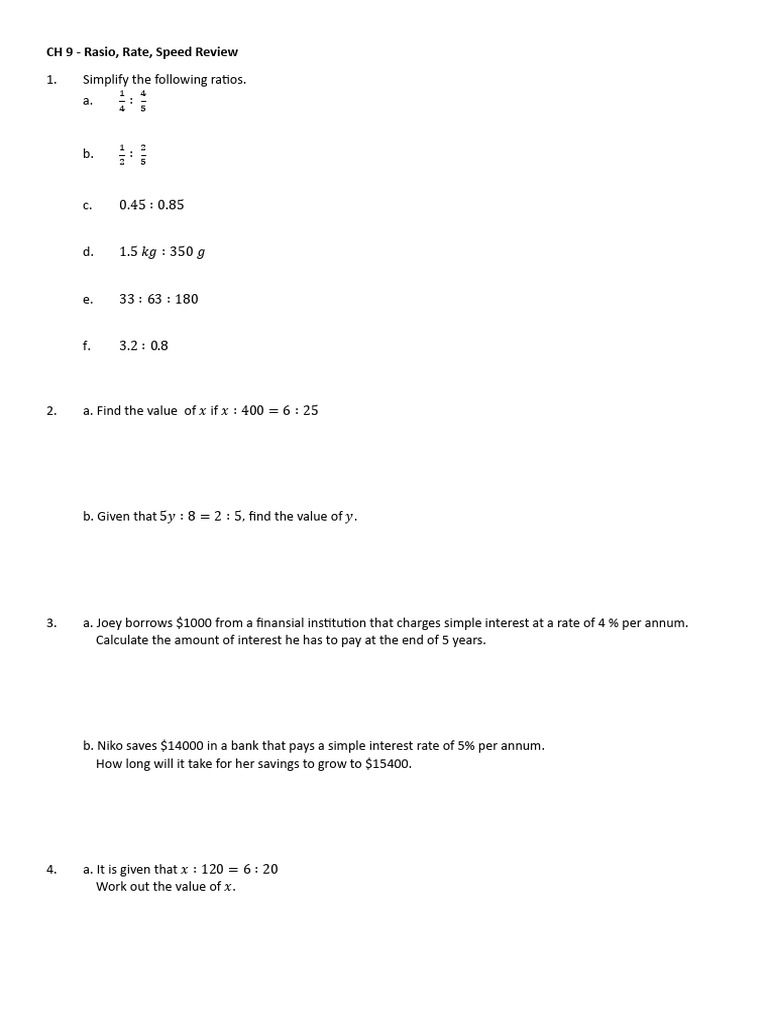 Ratios, Rates, and Speed Calculations | PDF | Ratio | Interest