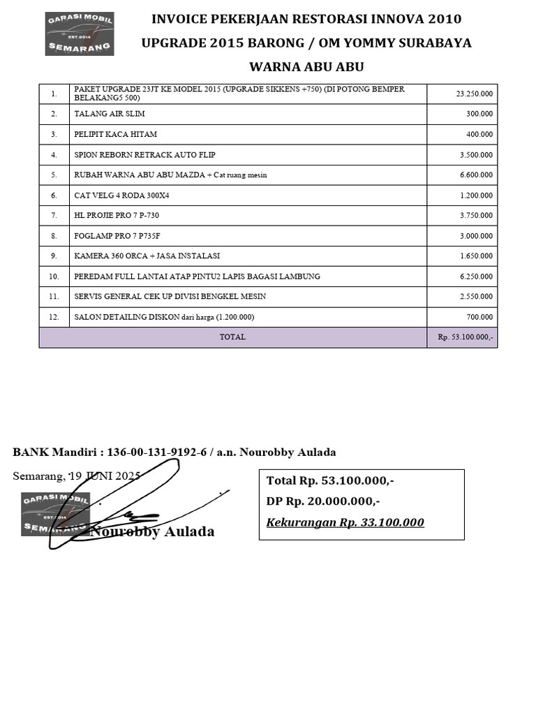 Invoice Restorasi Innova 2010 Rp 53 Juta | PDF