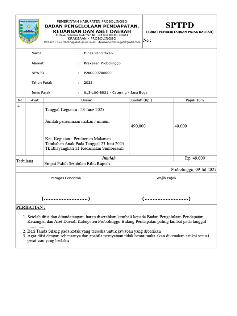 SPTPD Pajak Catering Dinas Pendidikan Probolinggo | PDF
