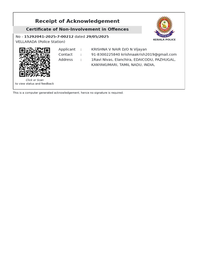 Receipt of Acknowledgement: Certificate of Non-Involvement in Offences ...