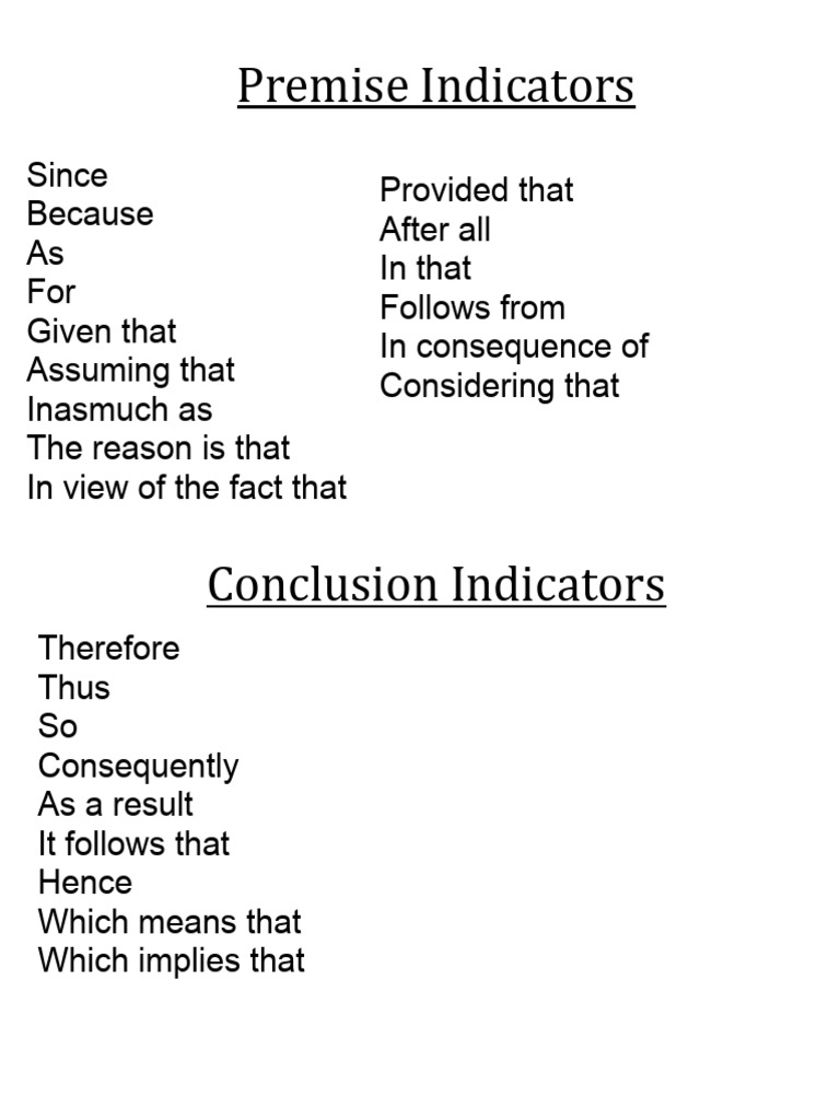 Premise and Conclusion Indicators Guide | PDF | Drink