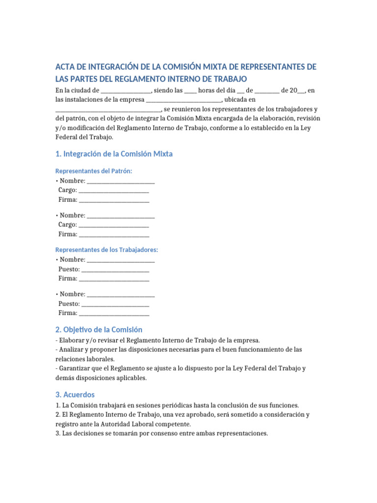 Acta Comisión Mixta Reglamento Interno | PDF