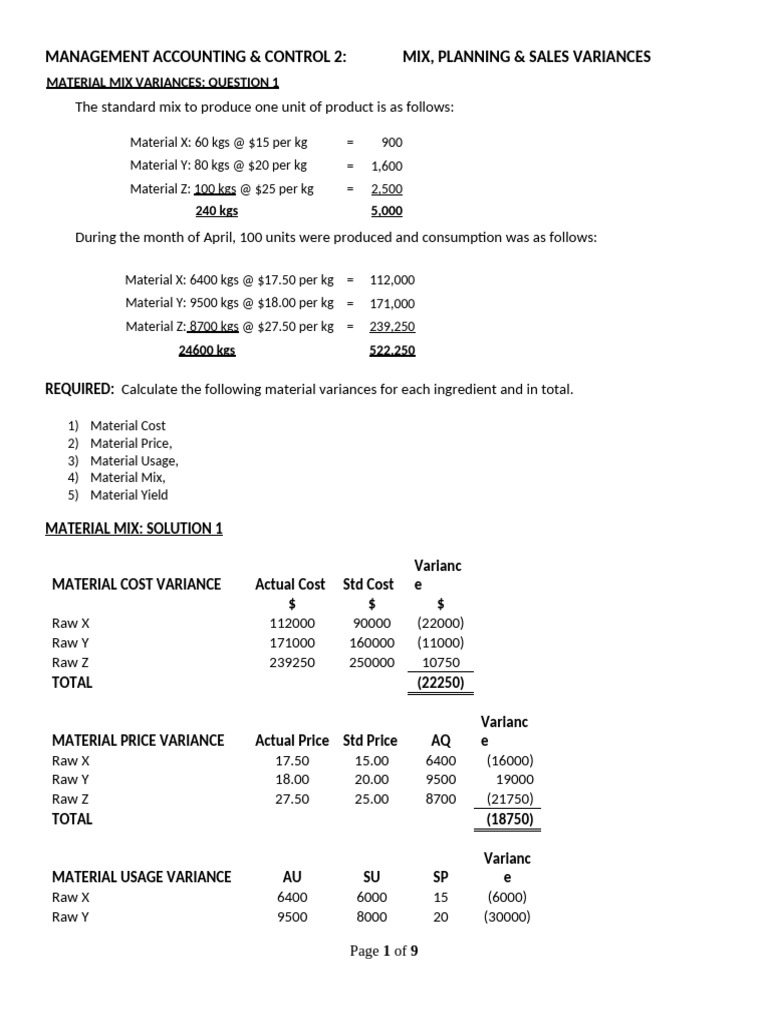 Material Mix and Sales Variances Analysis | PDF | Management Accounting ...