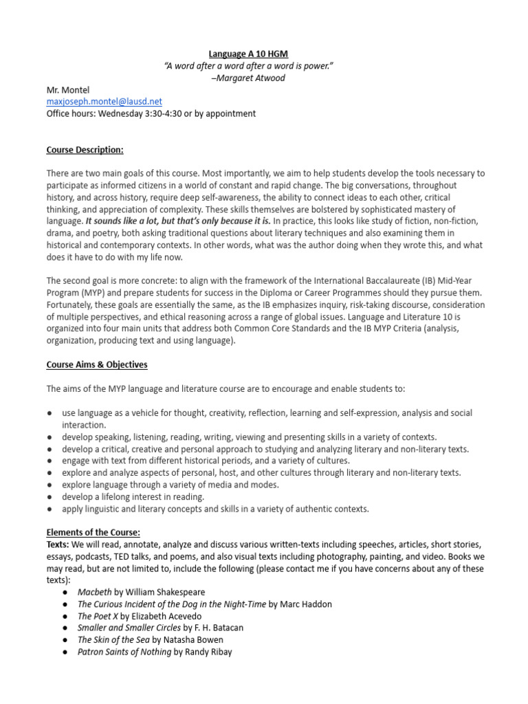 Language A 10 Course Overview & Goals | PDF | Syntax | Creativity