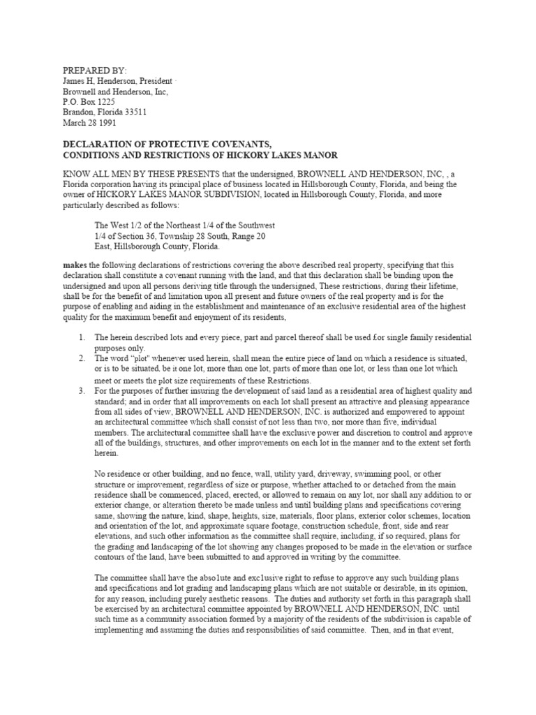 Hickory Lakes Manor Protective Covenants | PDF | Covenant (Law) | Easement