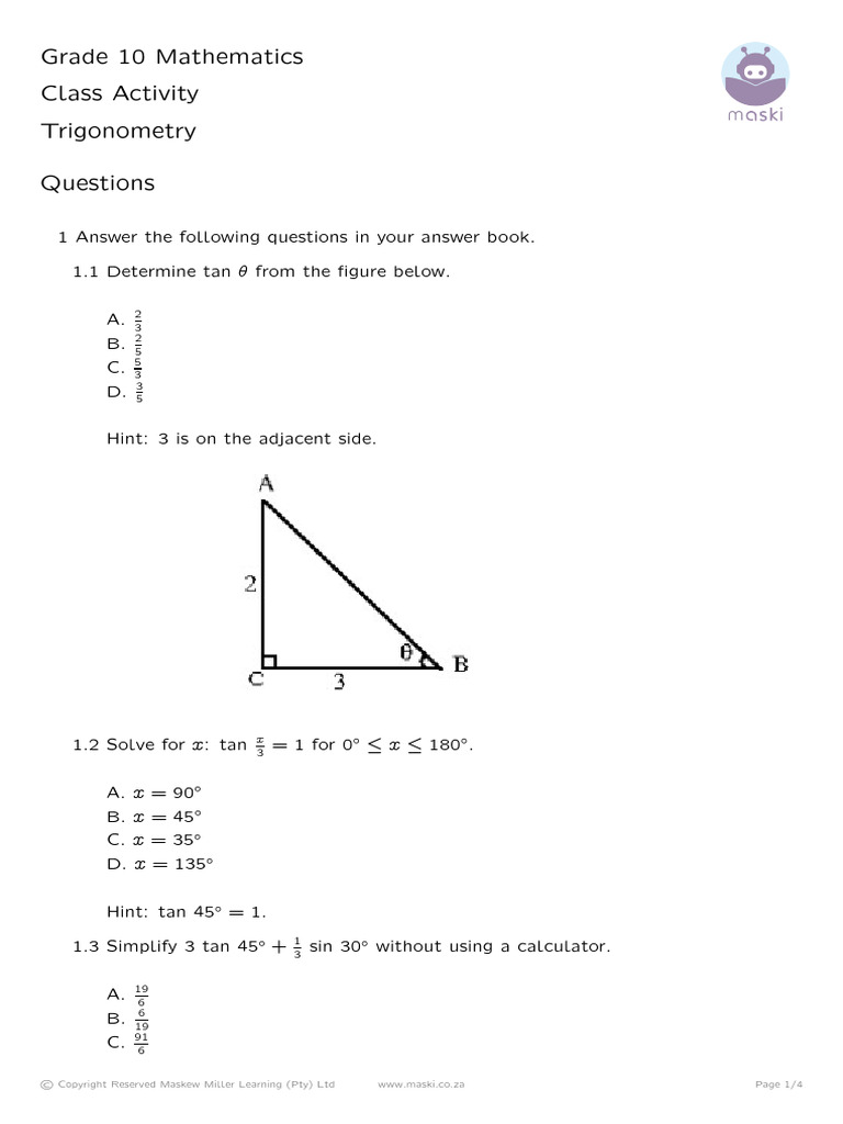 Grade 10 Trigonometry Class Activity | PDF | Trigonometry | Triangle ...