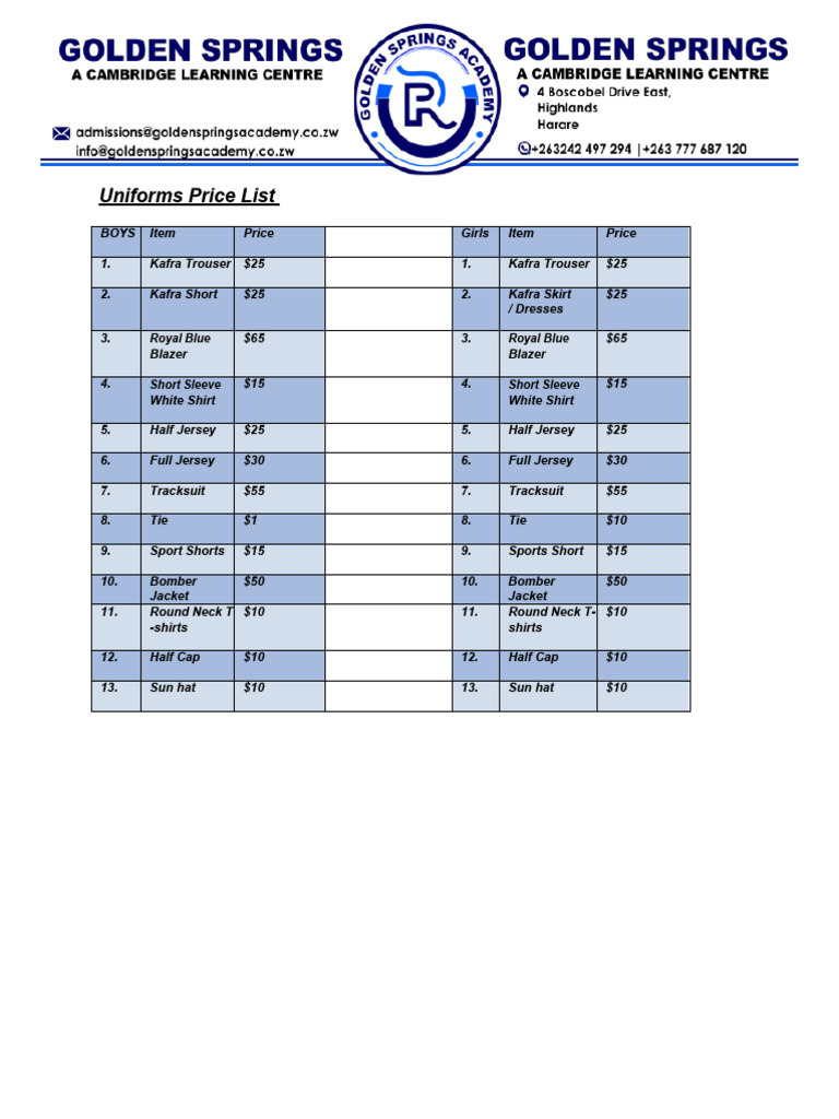 School Uniforms Price List | PDF