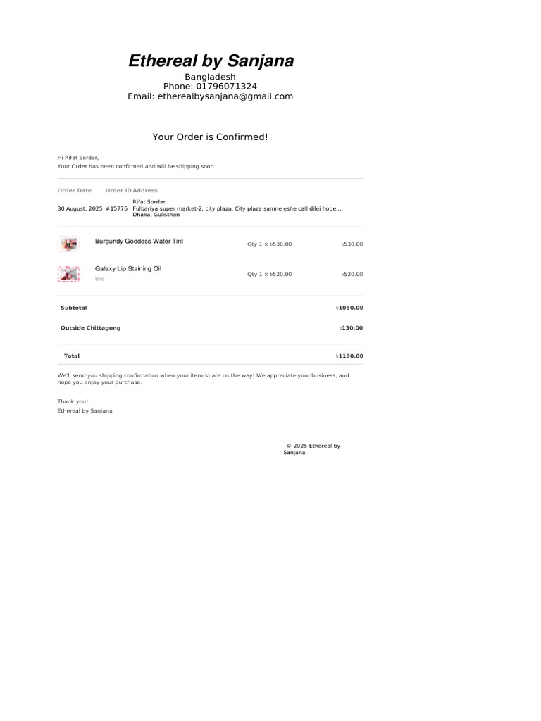 Ethereal by Sanjana Order Confirmation | PDF